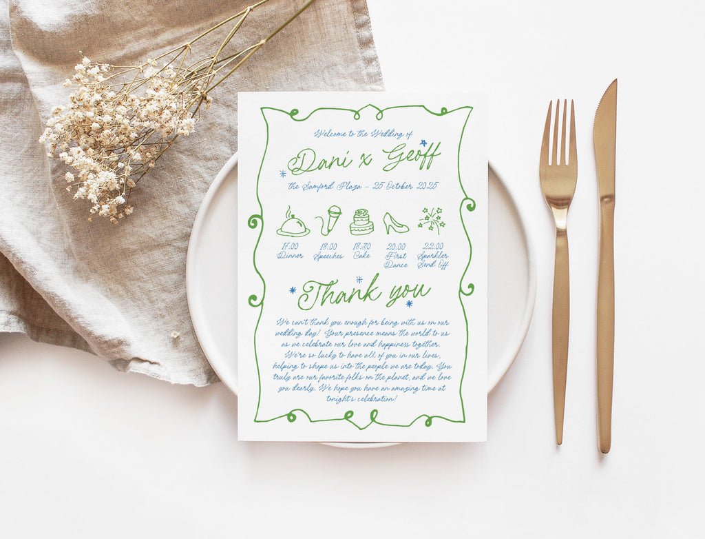 GEORGIE Whimsical Wedding Thank You Order of Events Menu, Fun Quirky Wedding Menu, Scribble Illustration, Editable Templett Download