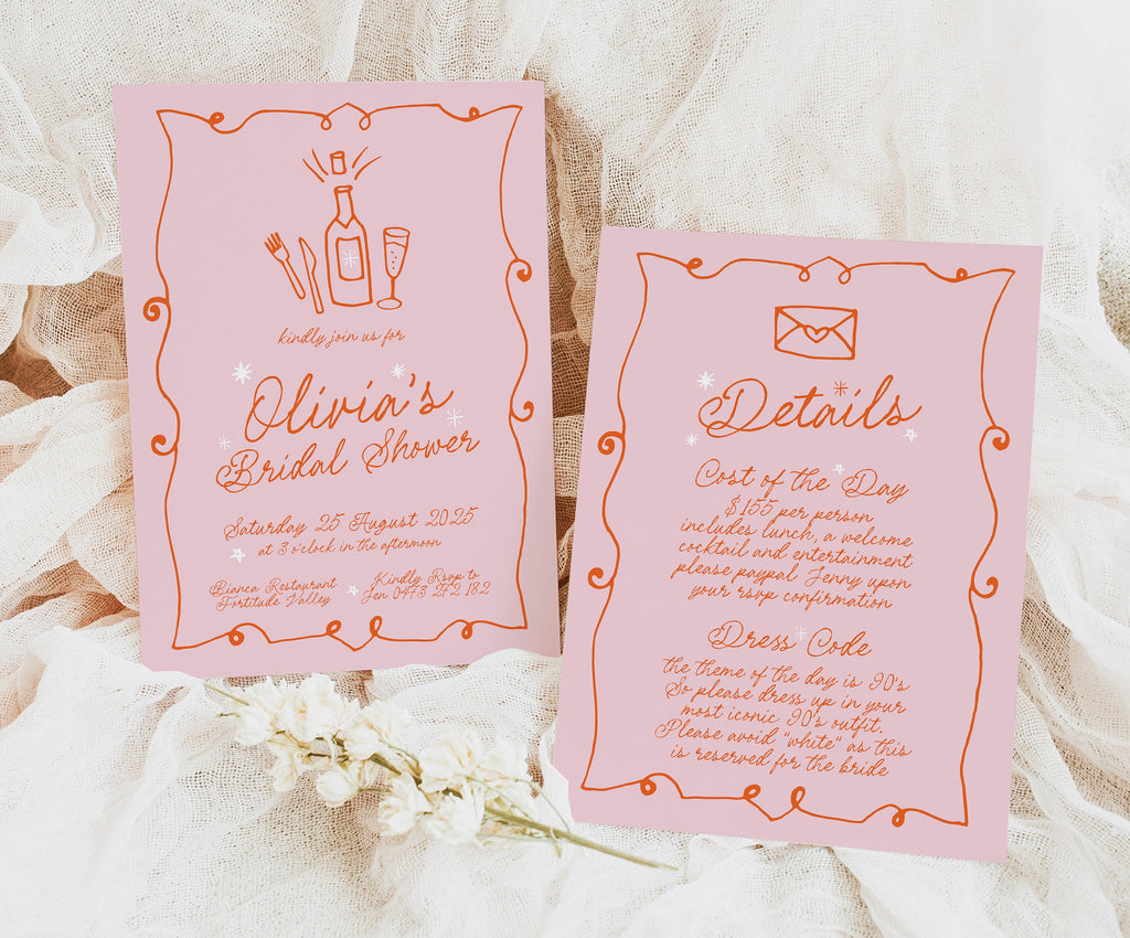 GEORGIE Pink Bridal Shower Invitation Template, French Vintage Illustration Bridal Shower, Fun Pink Hens Invite, Editable Templett Download