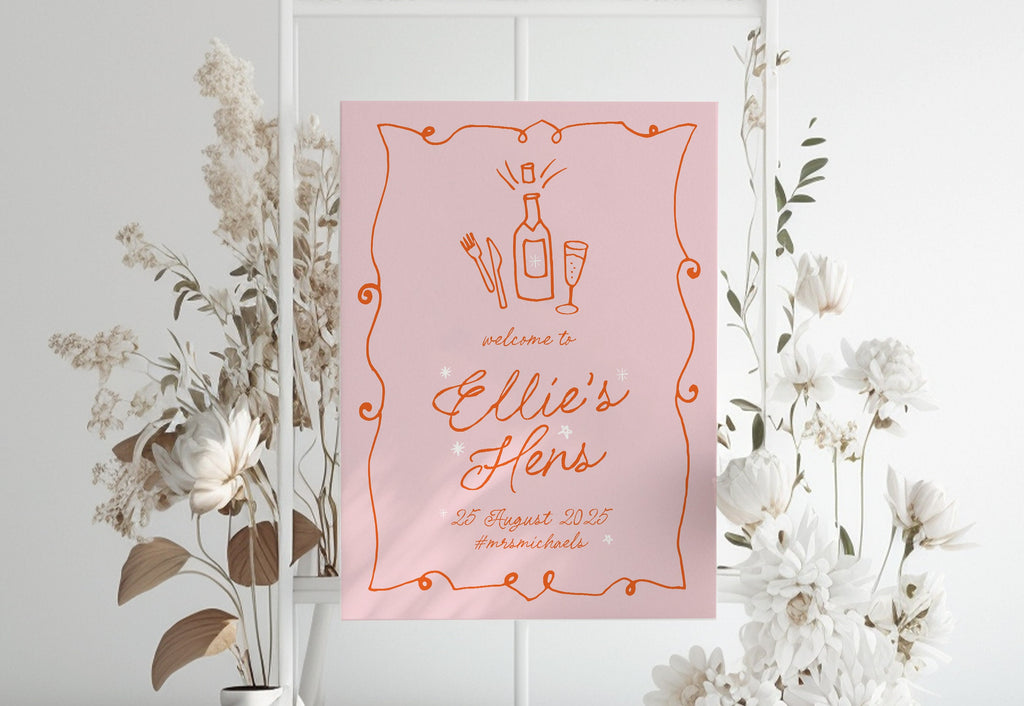 GEORGIE Modern Pink Hens Night Welcome Sign Template, Icon Illustration Hens Weekend, Fun Pink Hens Welcome, Editable Templett Download