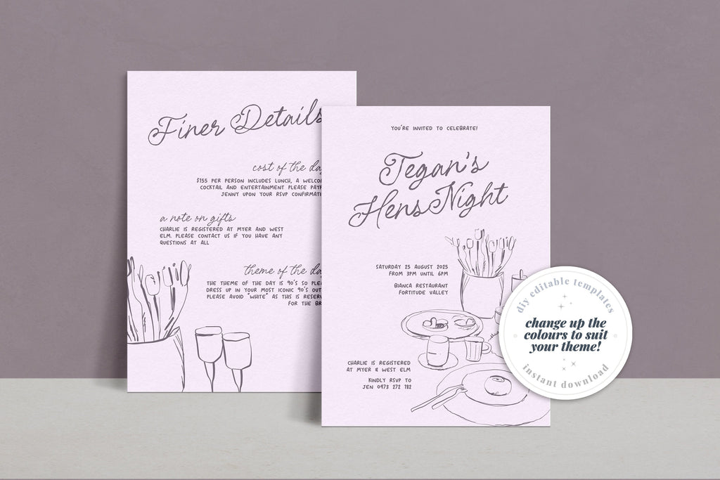 MACIE Fun Hens Party Invitation Template, Hens Weekend Invite, Drawing Illustration, Editable Templett Download