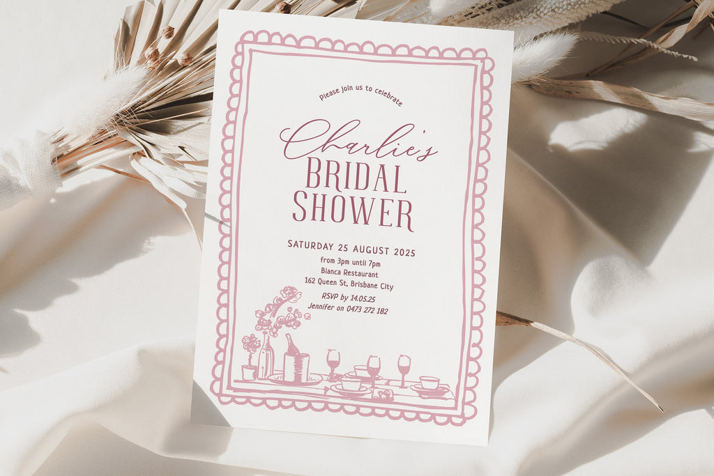 IRIS Hand drawn Bridal Shower Invitation Template, Pink Bridal Shower Invite, Drawing Illustration, Editable Templett Download