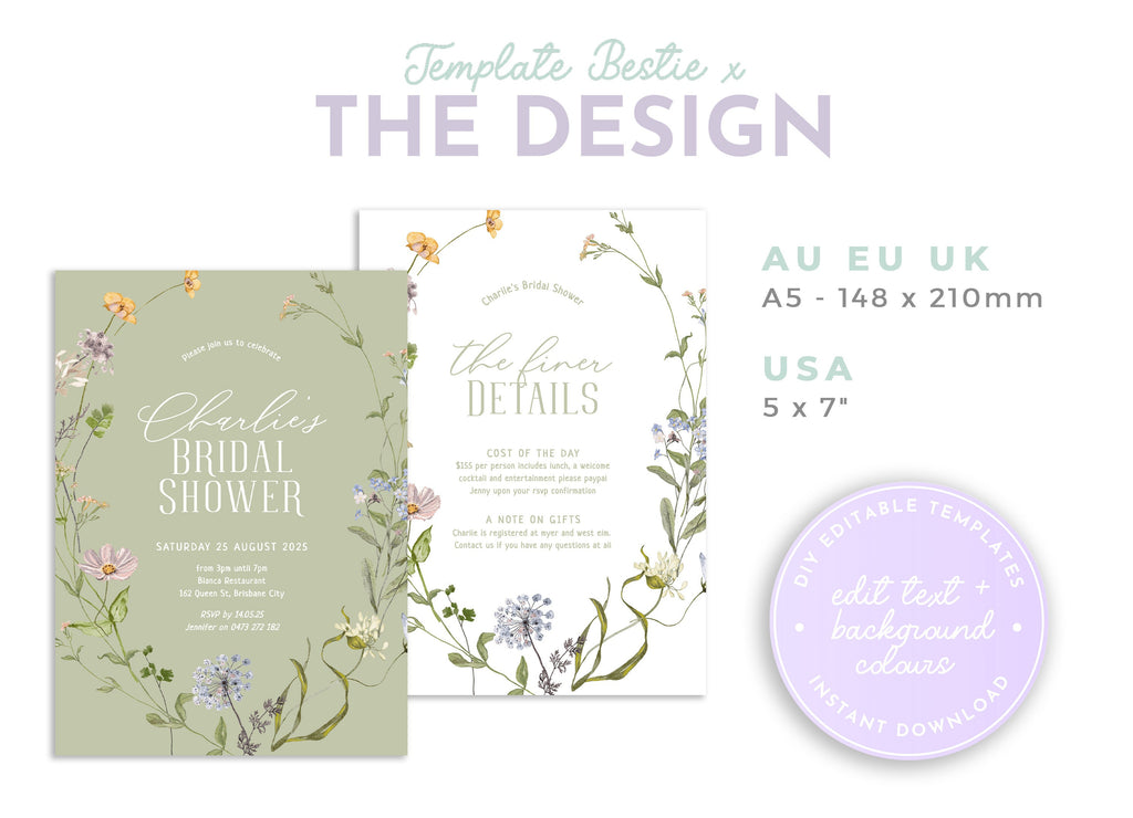 BETTY Floral Bridal Shower Invitation Template, Editable Printable Bridal Shower Invitation Card, Wildflower, Templett Instant Download