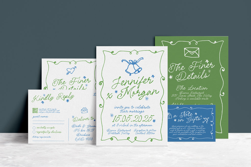 GEORGIE Quirky Fun Wedding Invitation Suite Template, French Vintage Illustration, Scribble Garden, Editable Templett Download