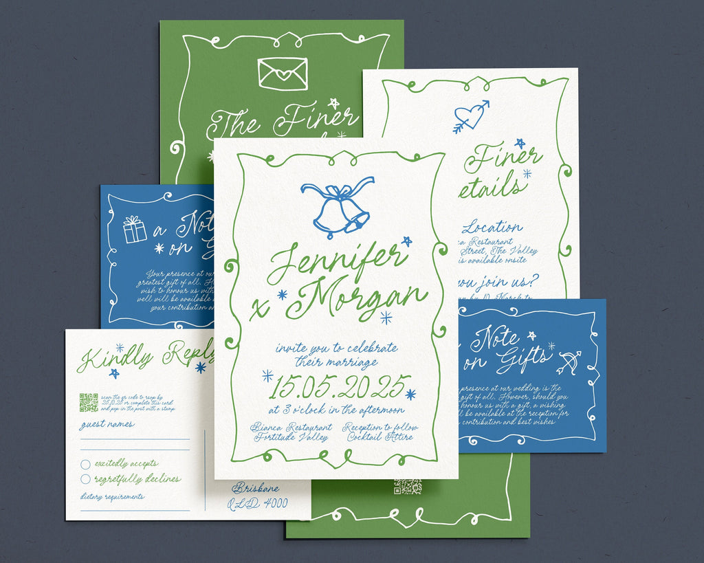 GEORGIE Quirky Fun Wedding Invitation Suite Template, French Vintage Illustration, Scribble Garden, Editable Templett Download