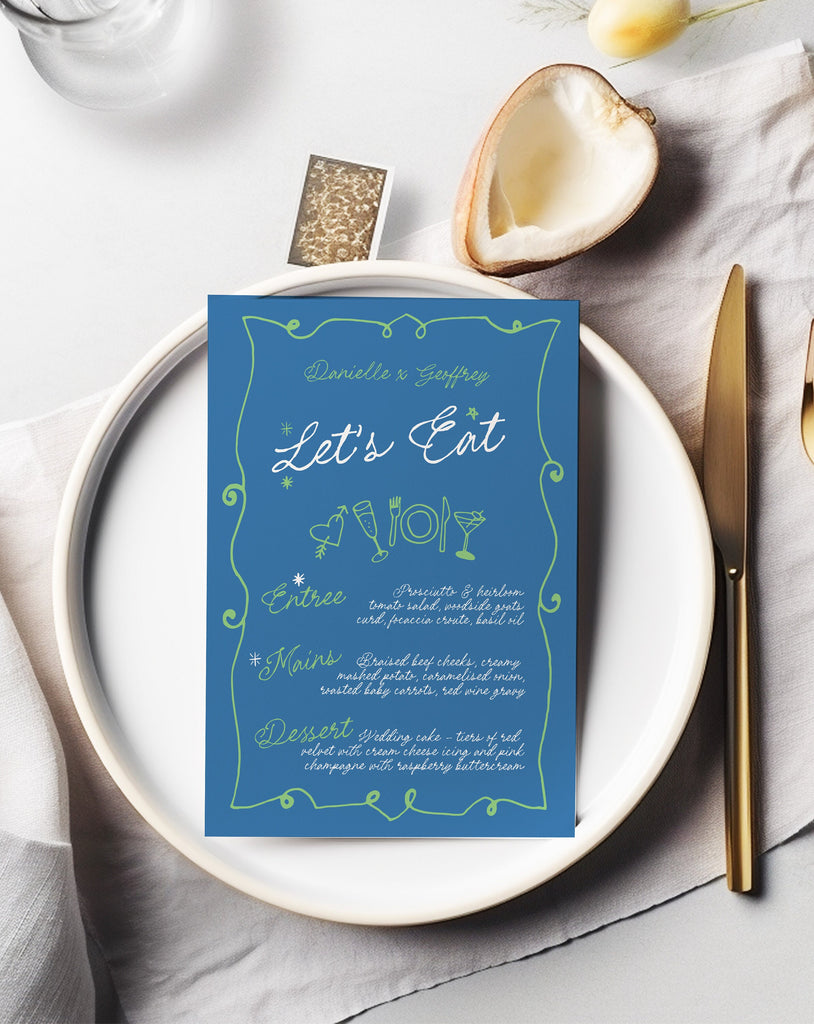 GEORGIE Modern Blue Wedding Menu Template, Dinner Drinks Bar Menu, Hand Drawn Scribble Illustration, Editable Templett Download