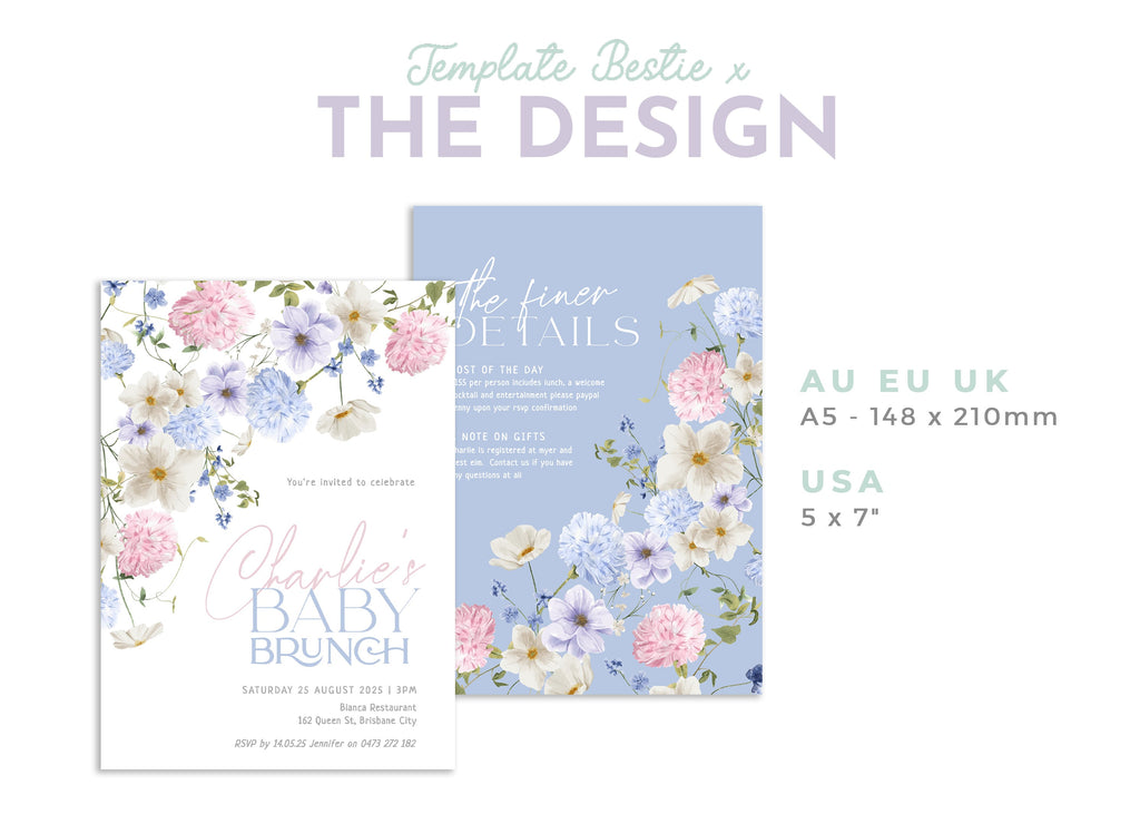 BIANCA Floral Baby Shower Invitation Template, Gender Neutral Baby Shower, Printable Invitation, Instant Download Editable Templett