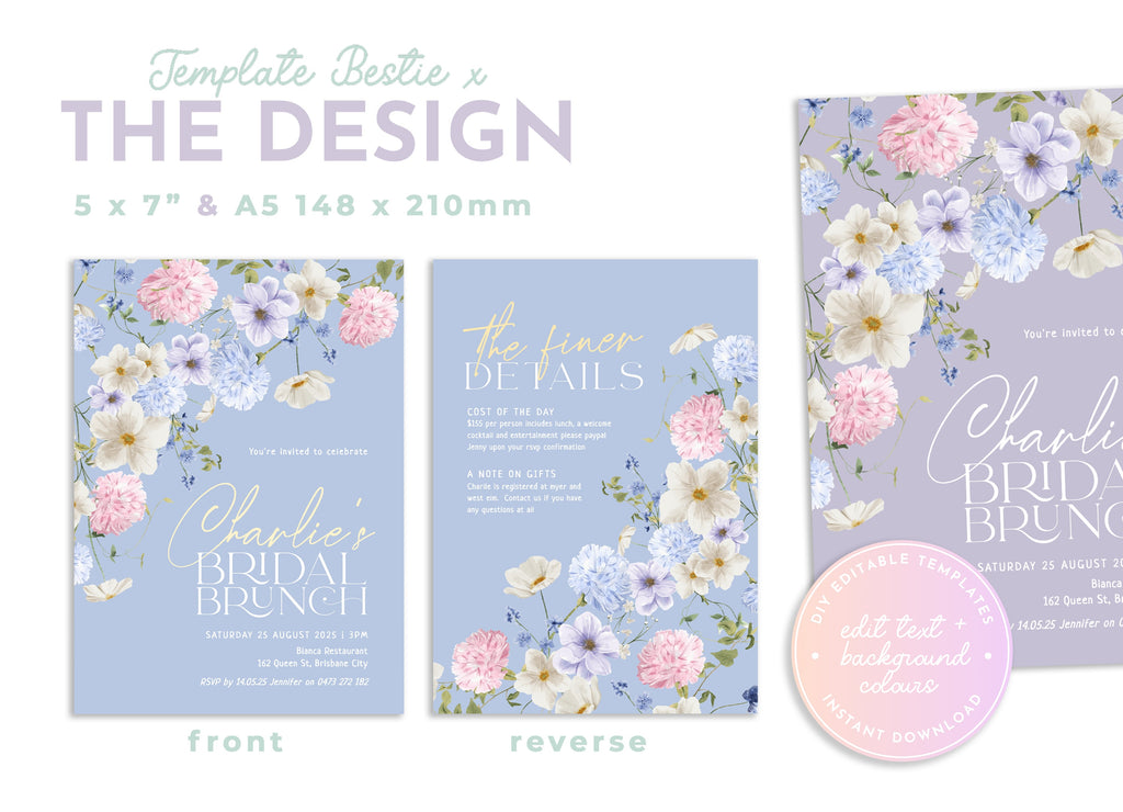 BIANCA Blue Florals Bridal Brunch Invitation Template, Bridal Shower, Printable Invitation template, Instant Download Editable Templett