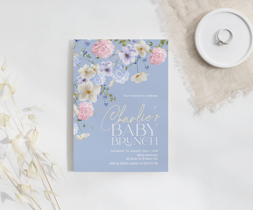 BIANCA Blue Baby Brunch Invitation Template, Gender Neutral Baby Shower, Printable Invitation, Instant Download Editable Templett