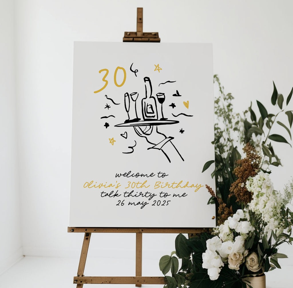 CLARA Fun Modern 30th Birthday Welcome Sign Template, Illustration Drawing birthday thirty 30th sign, Black Gold Editable Templett Download
