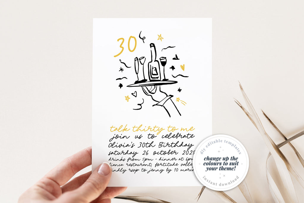 CLARA Quirky 30th Birthday Invitation Template, Illustration Drawing birthday talk thirty to me, dirty thirties, Editable Templett Download
