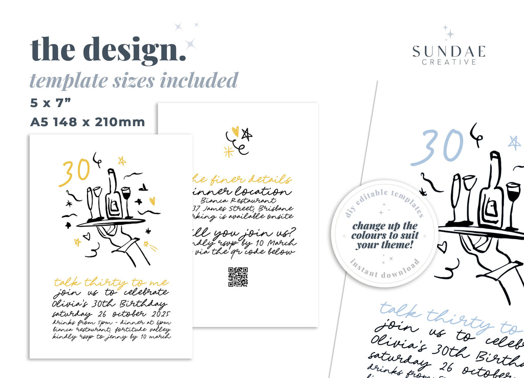 CLARA Quirky 30th Birthday Invitation Template, Illustration Drawing birthday talk thirty to me, dirty thirties, Editable Templett Download