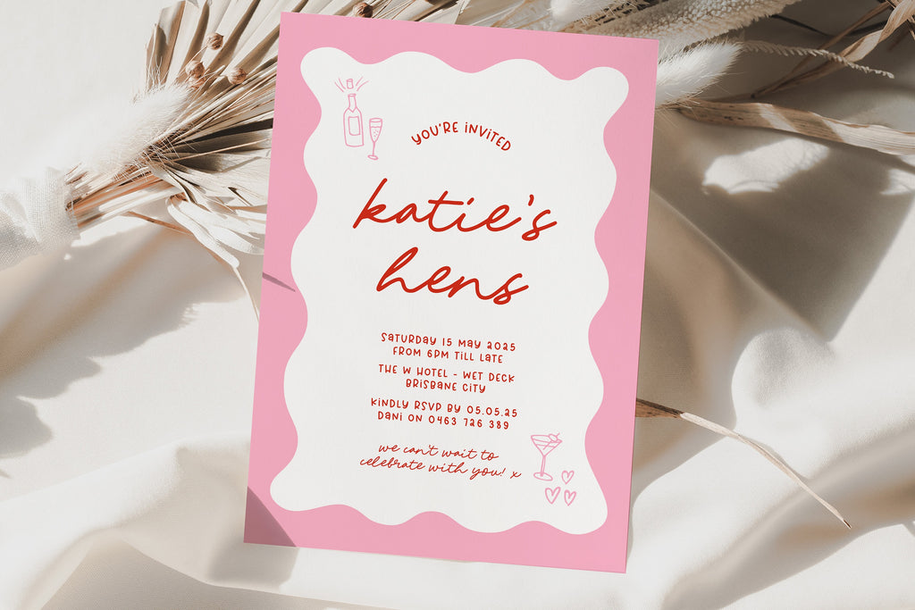 JEMMA Modern Pink Red Hens Party Invitation Template Download, Editable Template Instant Download, Squiggly Wavy border, Templett