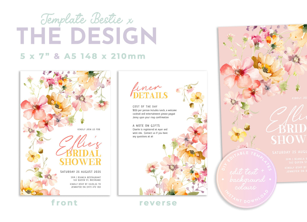 DAPHNE Bright Floral Bridal Shower Invitation Template, Colourful Bridal Shower, Printable template, Instant Download Editable Templett