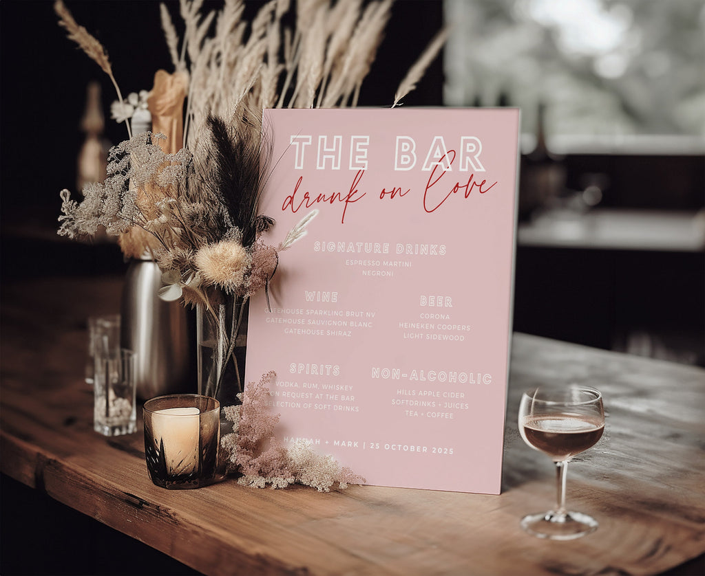 BRODY Pink Red Wedding Bar Sign Template, Pink Hen Weekend Shower Drinks Sign, Printable template, Instant Download Editable Templett