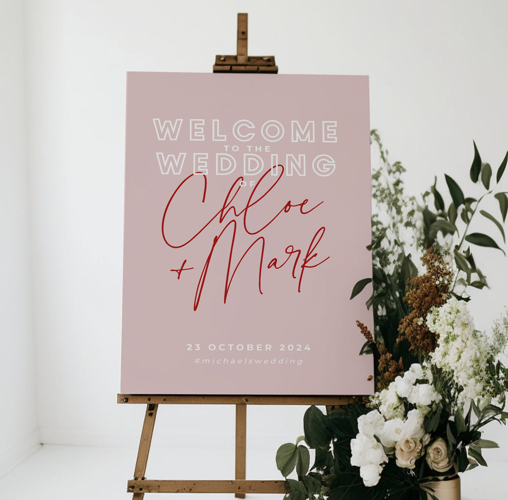 BRODY Pink Red Wedding Welcome Sign Template, Modern Wedding Welcome Sign, Printable template, Instant Download Editable Templett