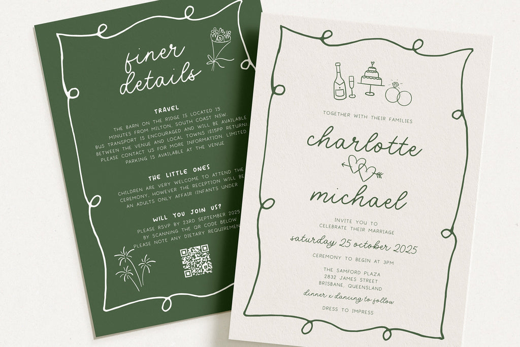 POET Modern Quirky Wedding Invitation Template, Green Hand drawn Wave Wedding Invite, Engagement Invite, Editable Templett Instant Download
