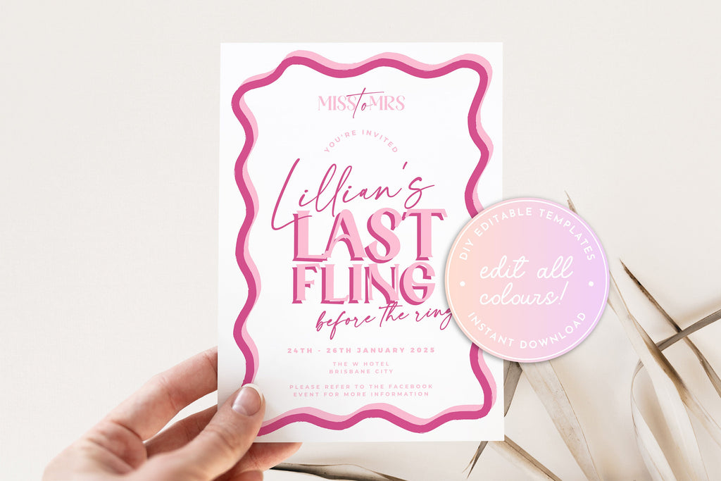 SONNY Last Fling Before the Ring Invite, Pink Hen Weekend Events, Bridal Shower Invitation template, Instant Download Editable Templett