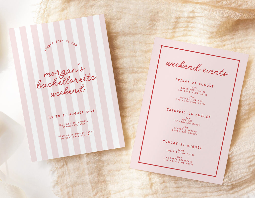 MINNIE Bachelorette Weekend Invitation Template Download, Pink Red Stripes Modern Hens Invite, Editable Template Instant Download Templett