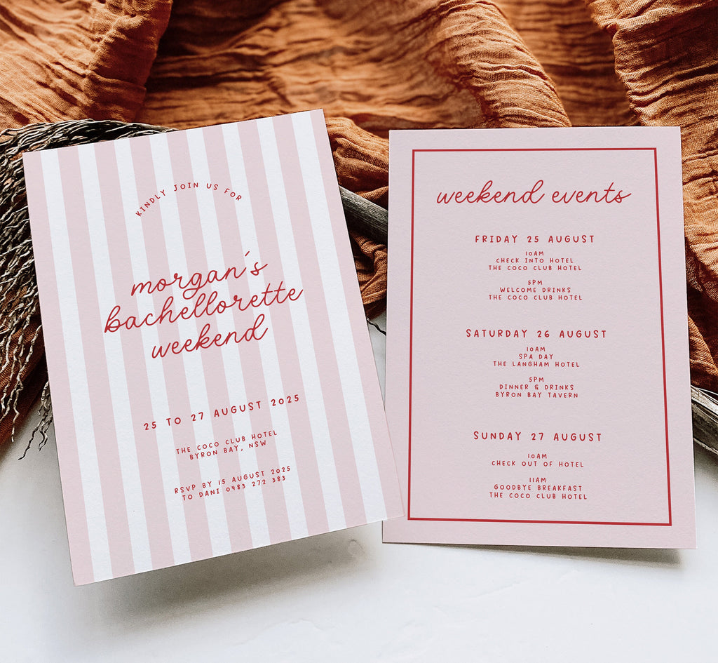MINNIE Bachelorette Weekend Invitation Template Download, Pink Red Stripes Modern Hens Invite, Editable Template Instant Download Templett