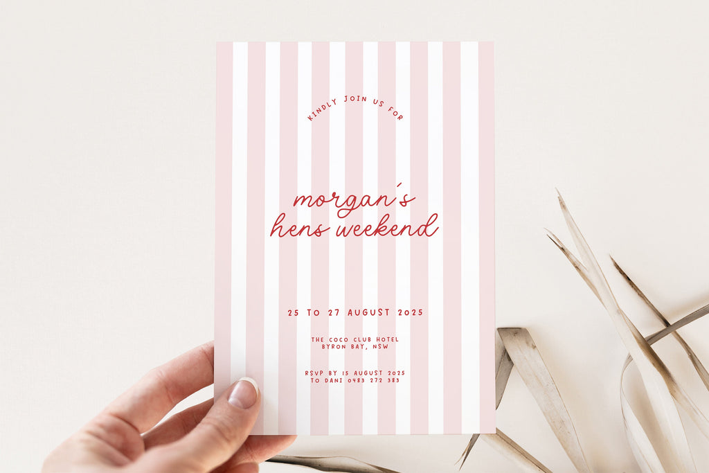 MINNIE Retro Pink Red Hens Party Weekend Invitation Template Download, Stripes Modern Invite, Editable Template Instant Download Templett