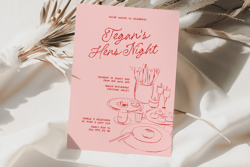 MACIE PinK Red Hens Party Invitation Template, Hens Weekend Invite, Drawing Illustration, Editable Templett Download