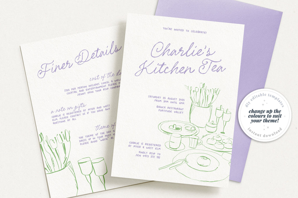 MACIE Fun Hand Drawn Kitchen Tea Shower Invitation Template, Bridal Shower Invite, Drawing Illustration, Editable Templett Download