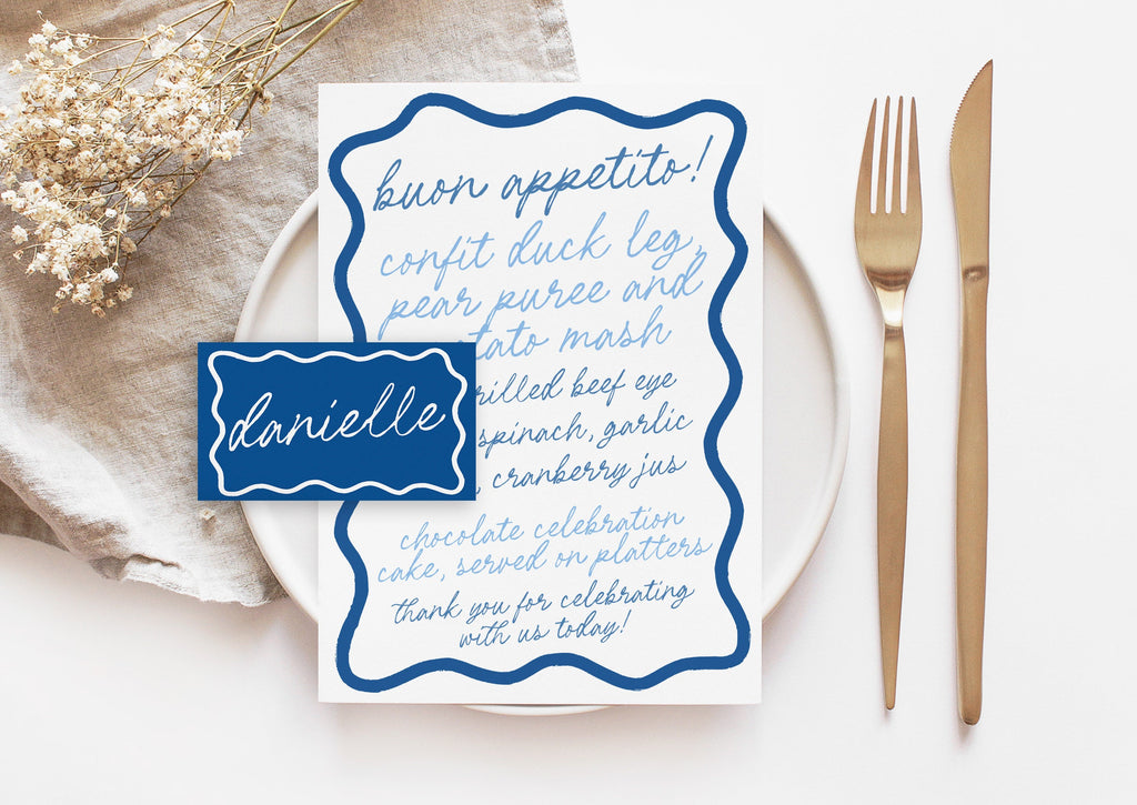 ELENI Blue Wave Wedding Menu Placecard Template, Santorini Italy Instant Download Editable Menu Template, Wriggly Bridal Shower, Templett