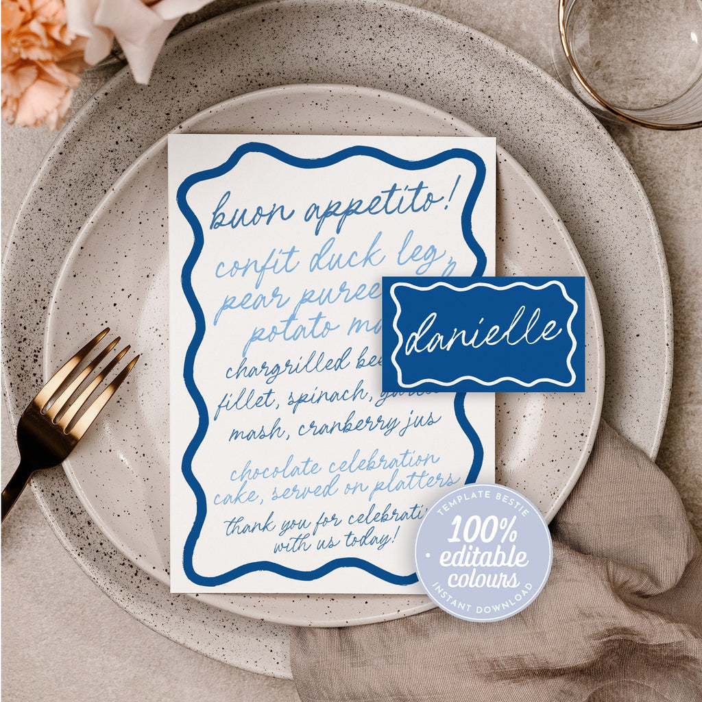 ELENI Blue Wave Wedding Menu Placecard Template, Santorini Italy Instant Download Editable Menu Template, Wriggly Bridal Shower, Templett