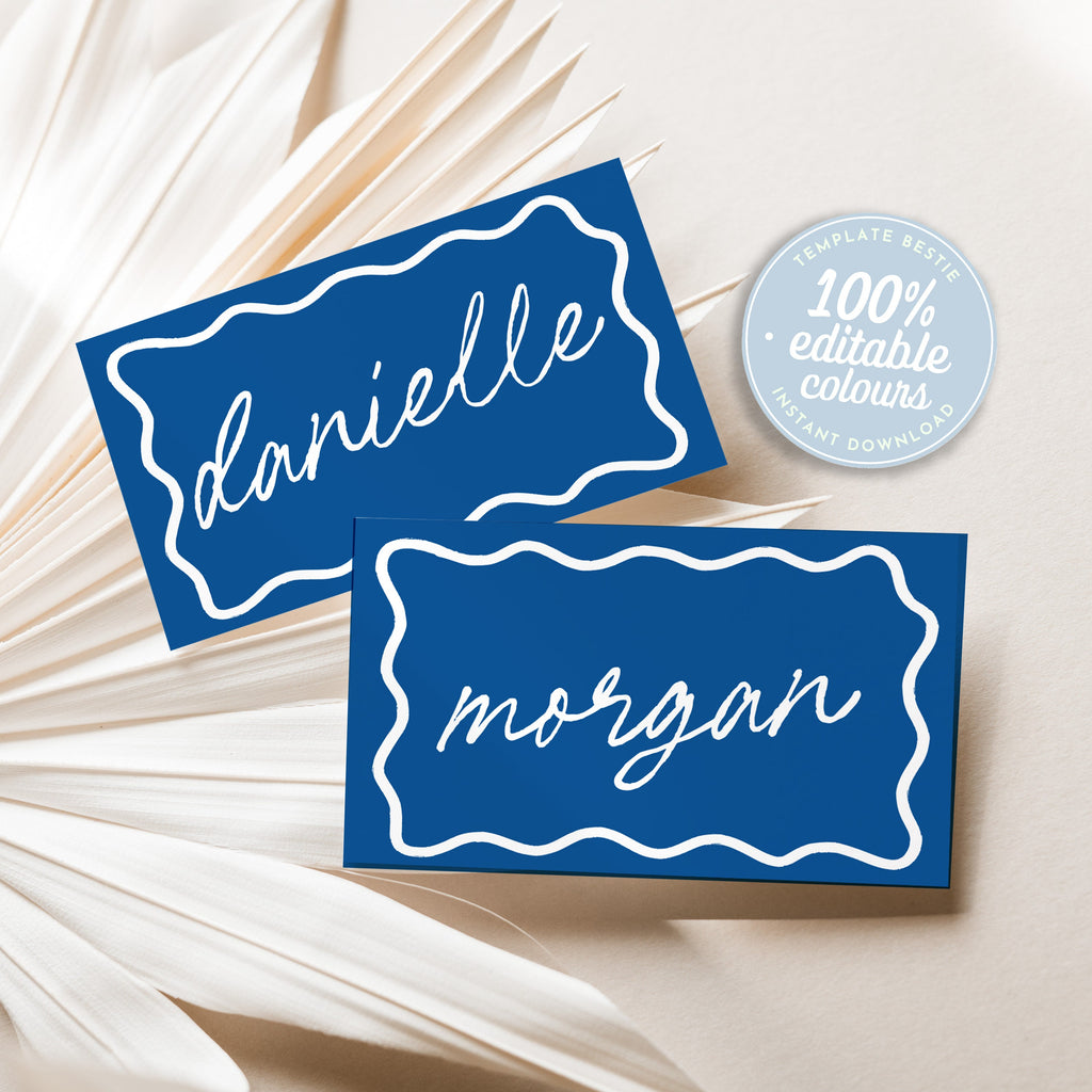 ELENI Blue Wave Wedding Placecard Template, Santorini Italy Instant Download Editable Guest Name Template, Wriggly Bridal Shower, Templett