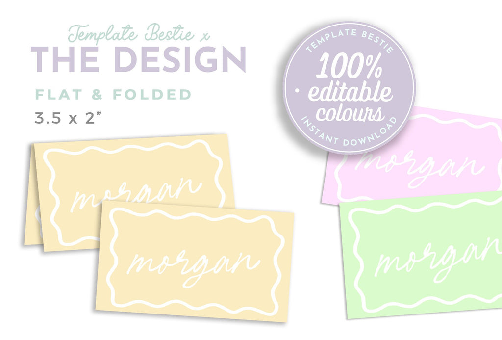ELENI Colourful Wave Wedding Placecard Template, Instant Download Editable Guest Name Template, Wriggly Bridal Shower, Templett