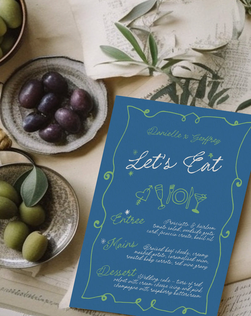 GEORGIE Modern Blue Wedding Menu Template, Dinner Drinks Bar Menu, Hand Drawn Scribble Illustration, Editable Templett Download