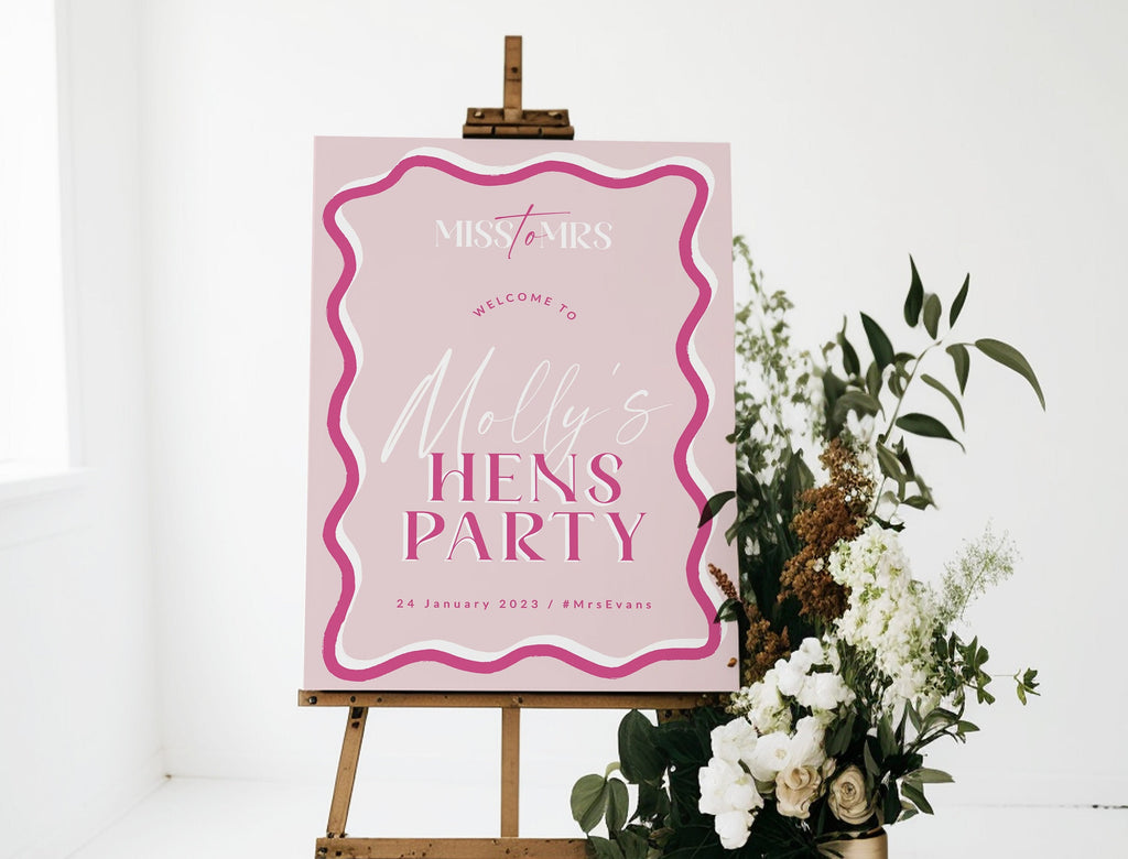 SONNY Hens Party welcome sign template, Pink Wavey bachelorette party, editable welcome template, templett instant download