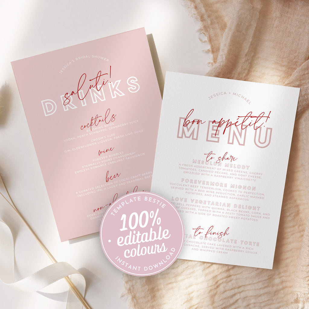 BRODY Modern Wedding Menu Template Download | Pink Bridal Shower Editable Menu | Engagement Printable Menu | Wedding Menu Template