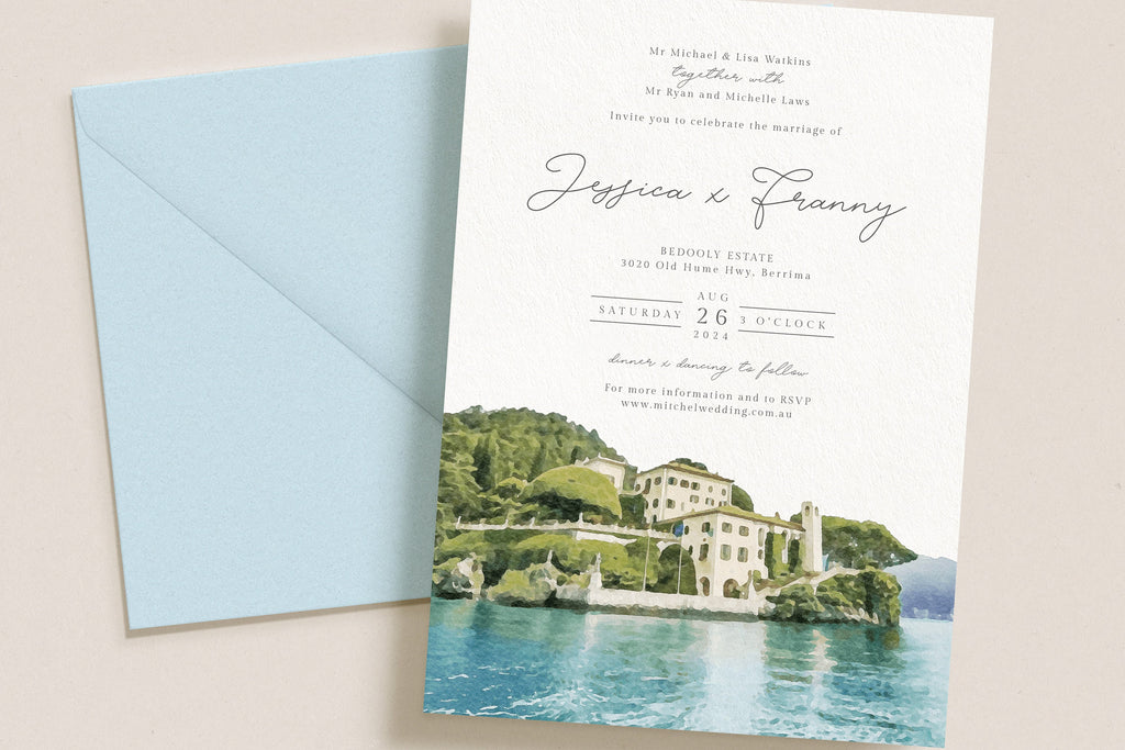 TAYLA Watercolour Wedding Invitation Drawing Venue, Editable Invitation, Italy Wedding Venue Portrait, Wedding Church Portrait