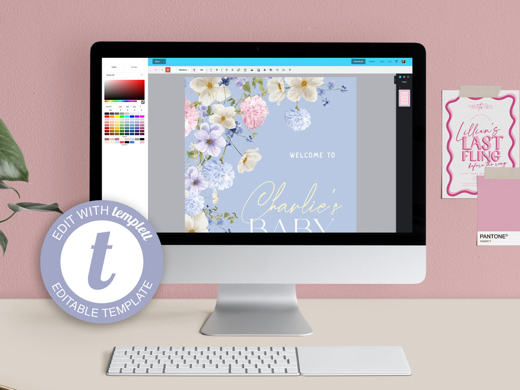 BIANCA Blue Floral Baby Shower Welcome Sign Template, Baby Shower Sign, Printable welcome template, Instant Download Editable Templett