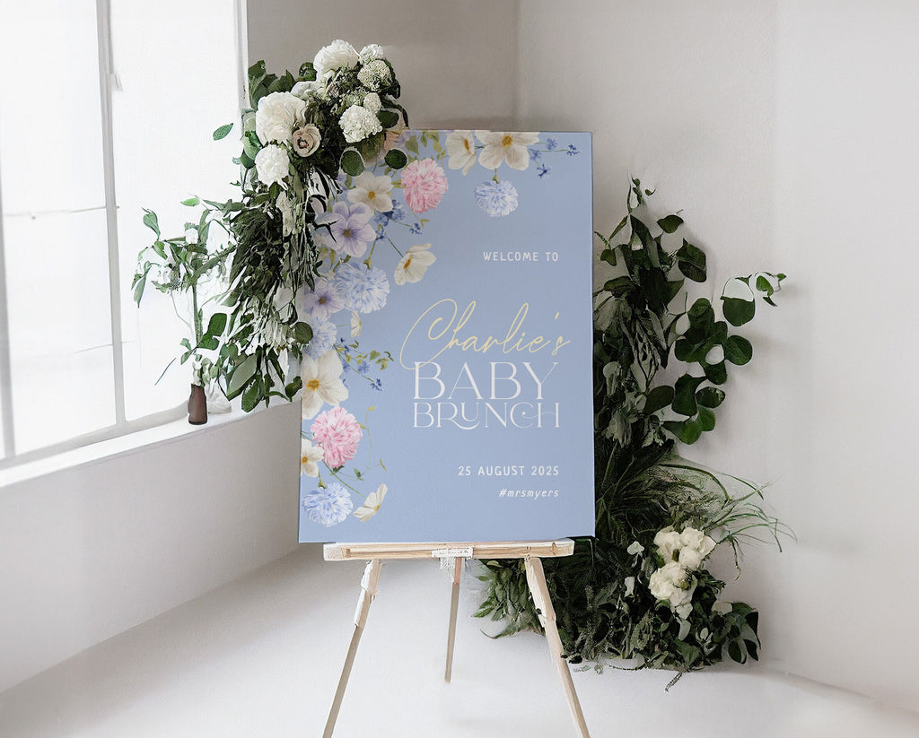 BIANCA Blue Floral Baby Shower Welcome Sign Template, Baby Shower Sign, Printable welcome template, Instant Download Editable Templett