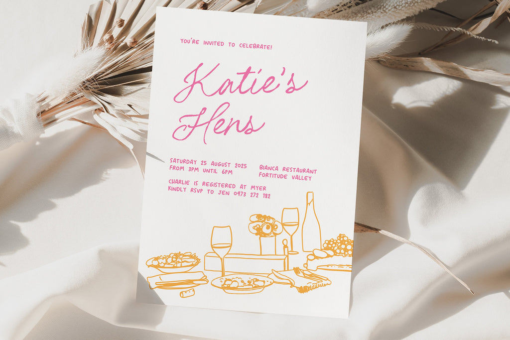 MACIE Pink Orange Hens Party Invitation Template, Hens Weekend Invite, Drawing Illustration, Editable Templett Download