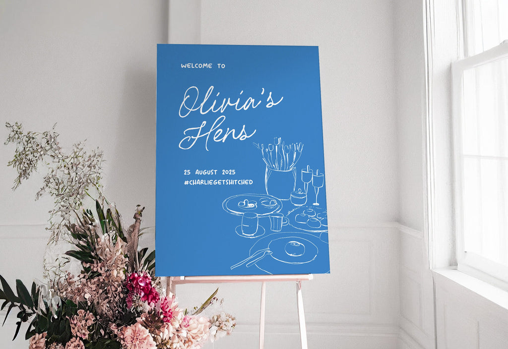 MACIE Blue Modern Hens Party Welcome Sign Template, Hens Weekend Welcome, Drawing Illustration, Editable Templett Download