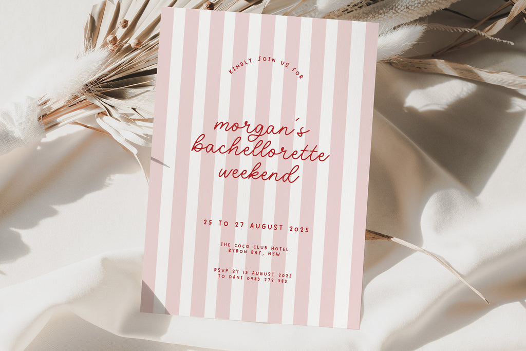 MINNIE Retro Pink Red Bachelorette Weekend Invitation Template Download, Stripes Modern Invite, Editable Template Instant Download Templett