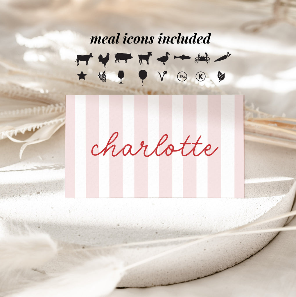 MINNIE Bridal Shower Placecard Template Download, Stripes Modern Guest Name Menu Shower Invite, Editable Template Instant Download Templett