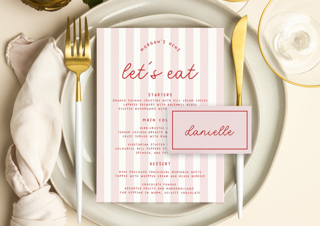 MINNIE Pink Party Menu Placecard Template Download, Stripes Menu Birthday Invite, Editable Template Instant Download Templett