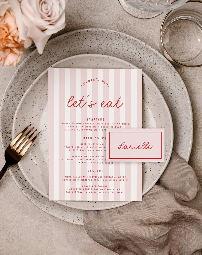 MINNIE Pink Party Menu Placecard Template Download, Stripes Menu Birthday Invite, Editable Template Instant Download Templett