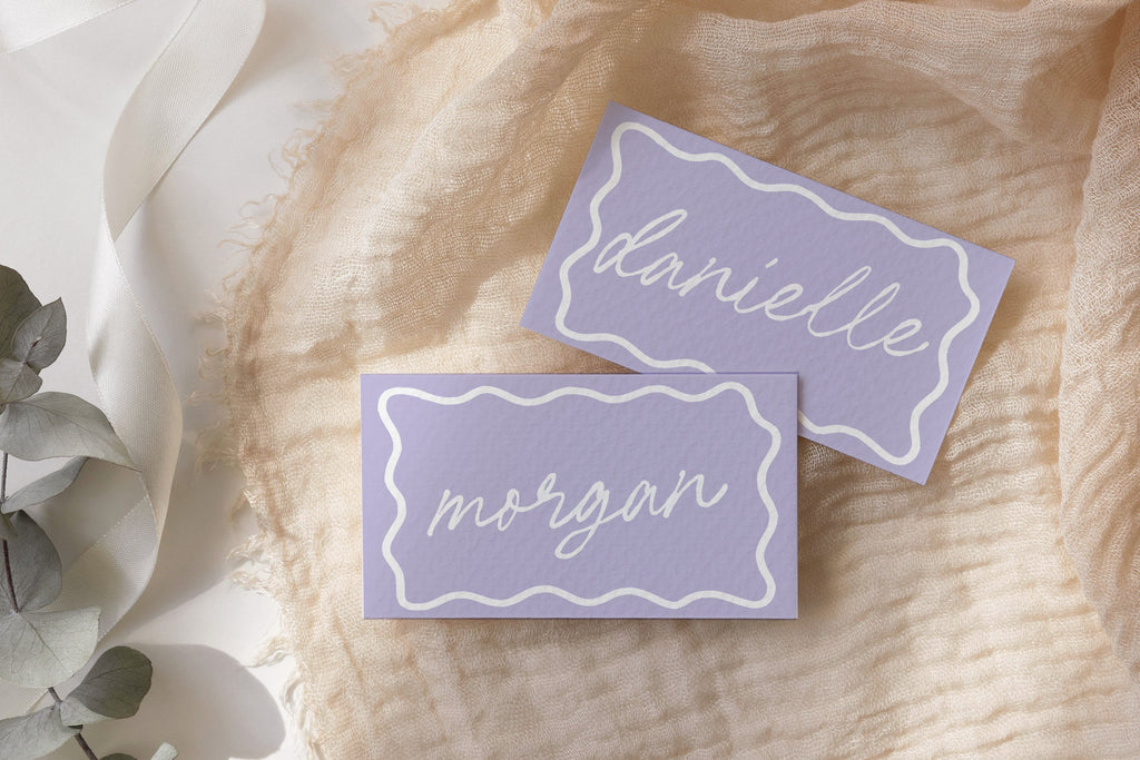 ELENI Purple Wave Wedding Placecard Template, Fun Colorful Instant Download Editable Guest Name Template, Wriggly Bridal Shower, Templett