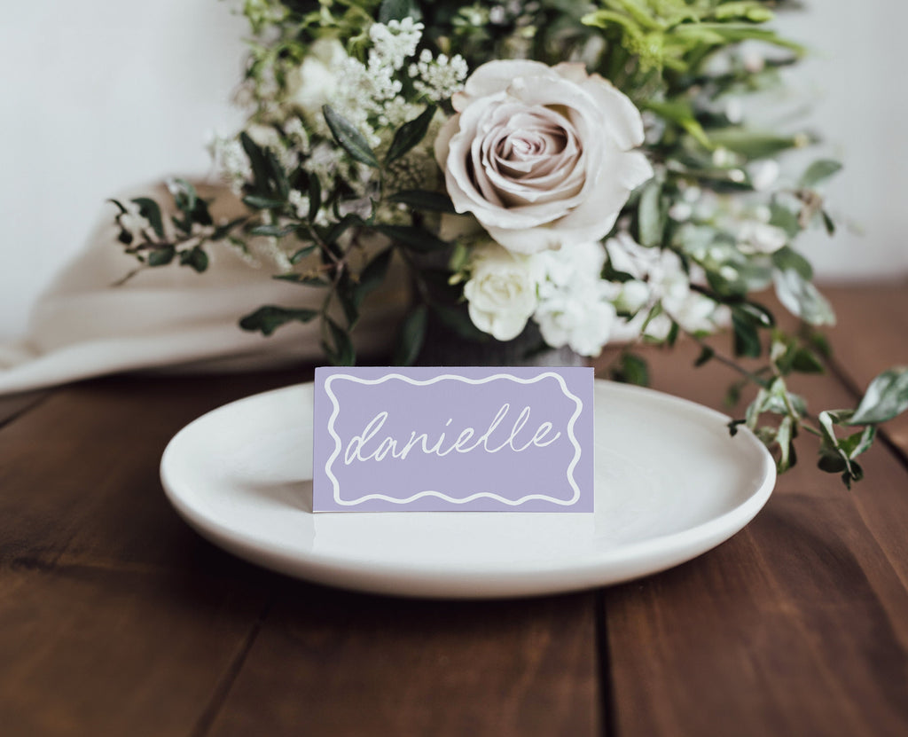 ELENI Purple Wave Wedding Placecard Template, Fun Colorful Instant Download Editable Guest Name Template, Wriggly Bridal Shower, Templett