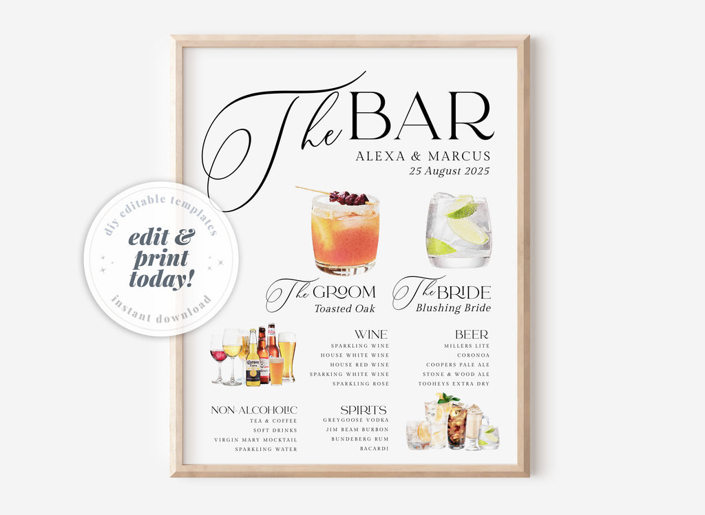 NELLA Signature Drink Bar Menu Sign, Minimalist Printable Bar Menu , Modern Editable Drink Menu Template, Templett Instant Download
