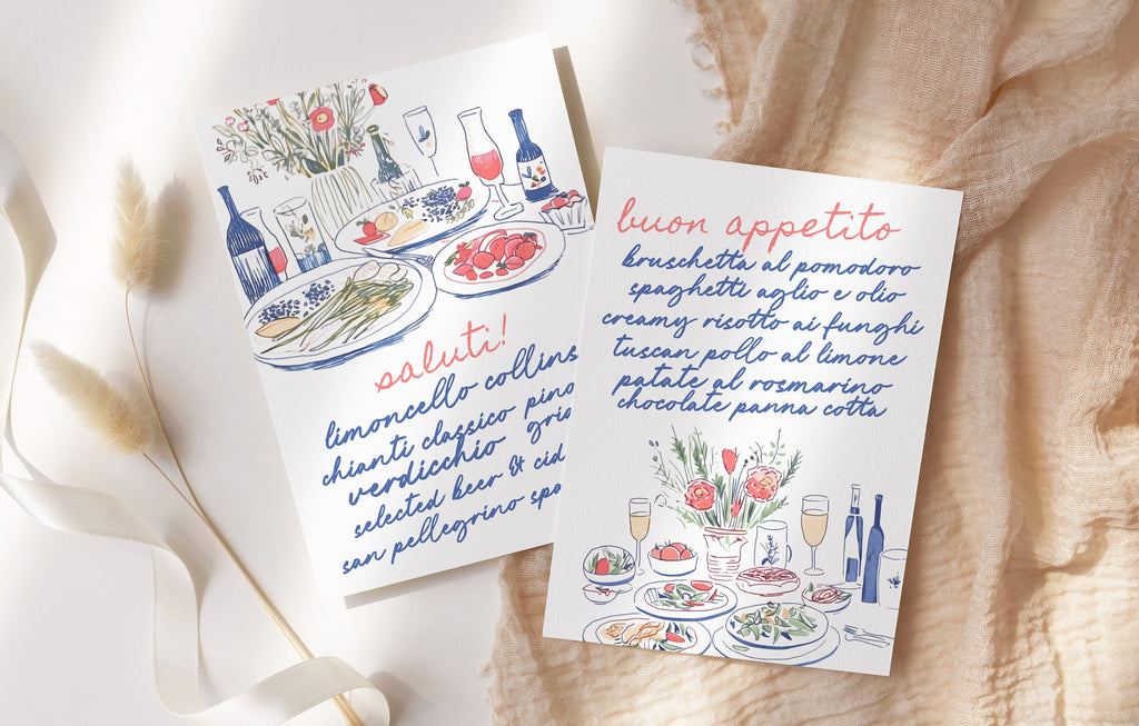 TOSCANO Wedding Menu, Hand drawn & Handwritten scribble illustrated Whimsical Wedding Menu, Instant Download Templett