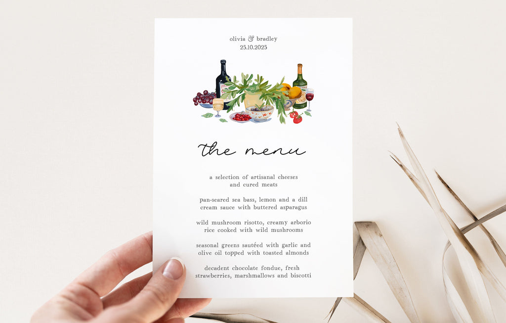 AMORE Dinner Party Menu Template | Illustration Wedding Menu | Digital Download | Editable Wedding Menu Card | Instant Download Templett