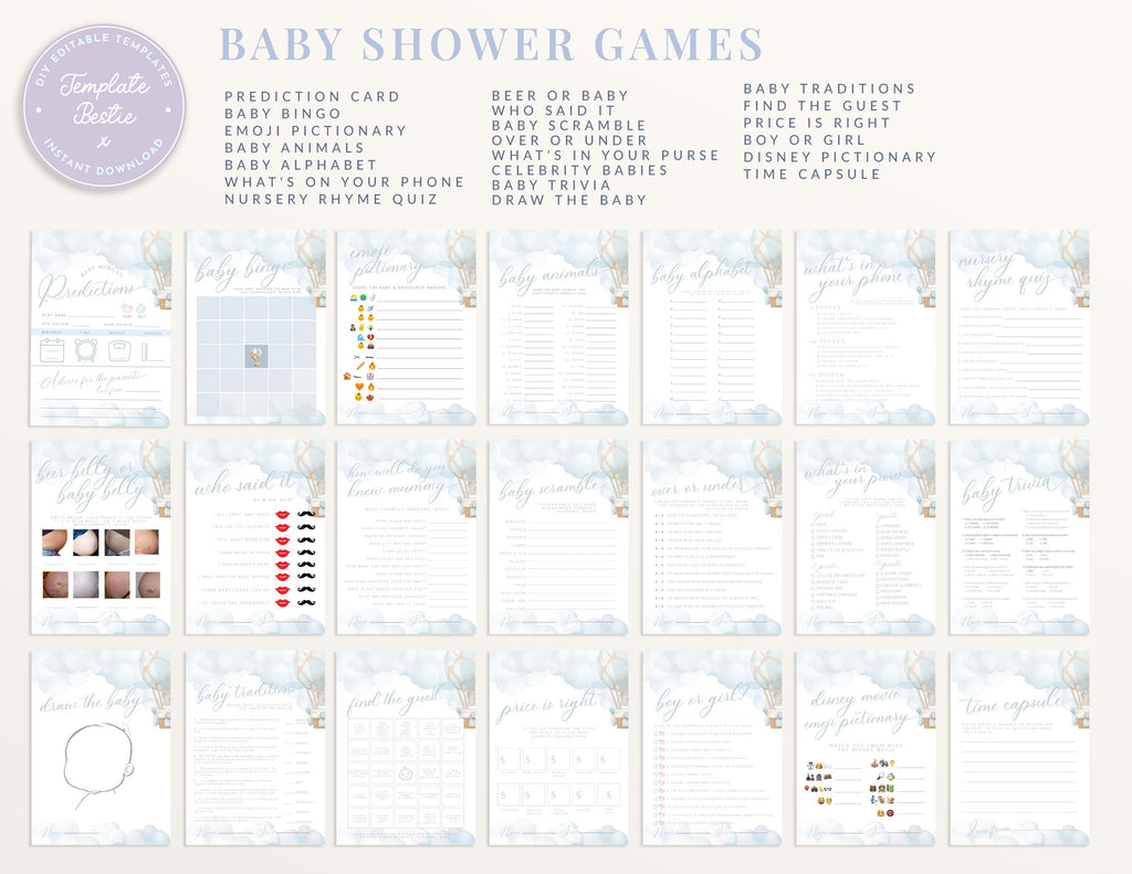 MAIRI Blue Boy baby shower games bundle template, Hot Balloon Clouds baby shower games pack, Editable Templett Instant Download