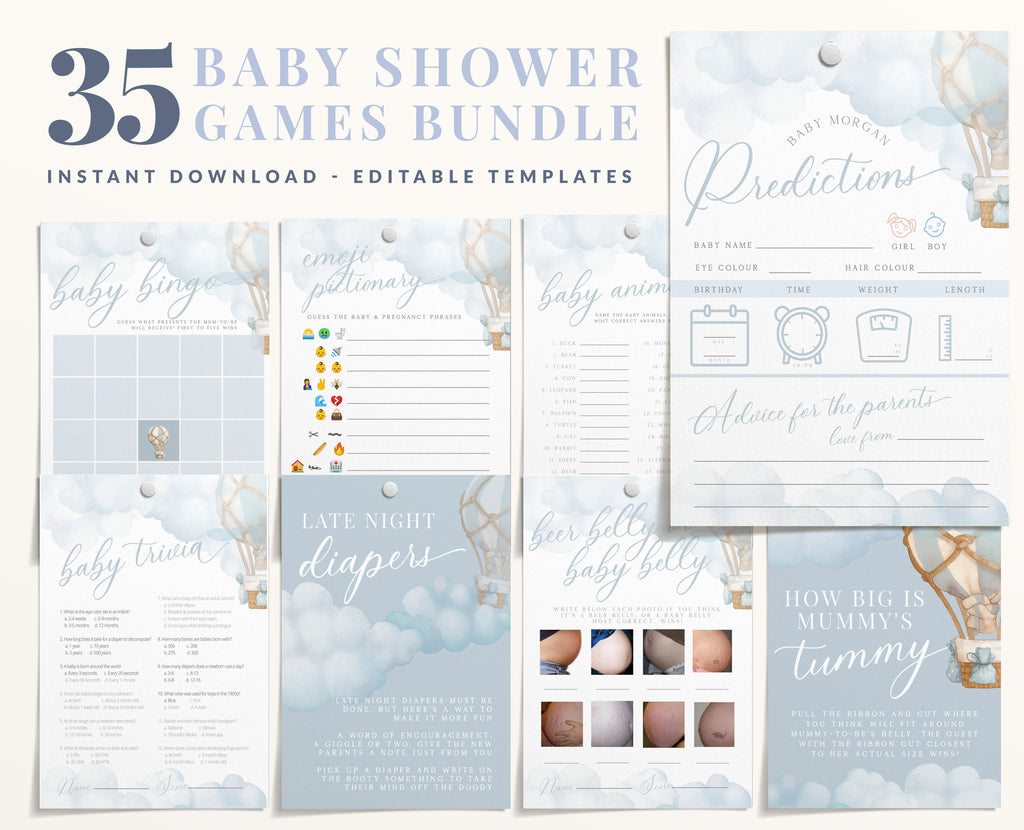MAIRI Blue Boy baby shower games bundle template, Hot Balloon Clouds baby shower games pack, Editable Templett Instant Download