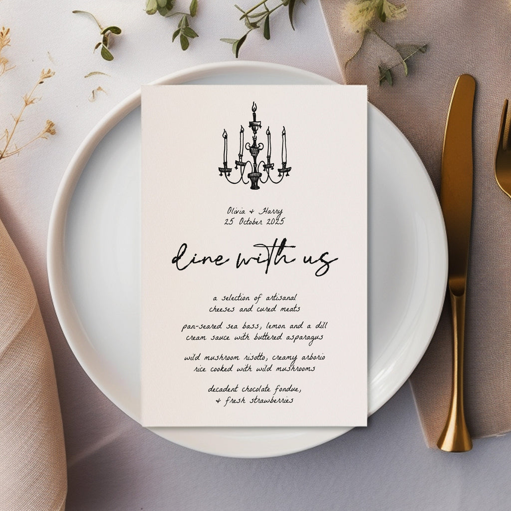 INES French Style Wedding Menu template, Hand drawn Handwritten chandelier illustrated Whimsical Wedding Menu, Instant Download Templett